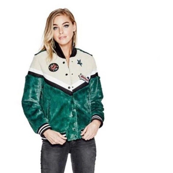 GUESS Joanne Coat Bomber Varsity Jacket Faux Fur Sherpa Designer Fashion medium - Picture 1 of 13